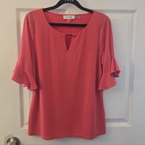 Calvin Klein Women's Coral Pink Keyhole Ruffle Sleeve Top